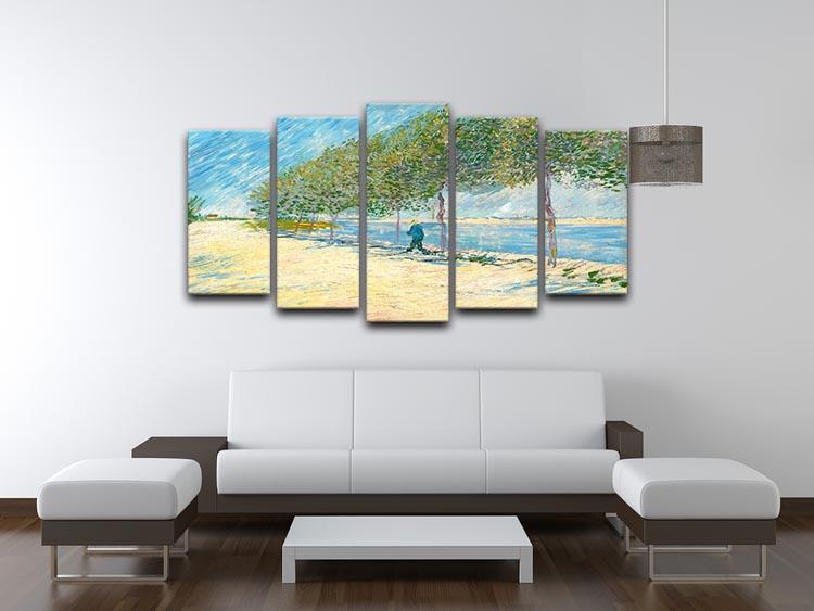 A 5-split canvas artwork featuring Van Gogh's Along the Seine, showcasing vibrant colors and dynamic design across five panels.