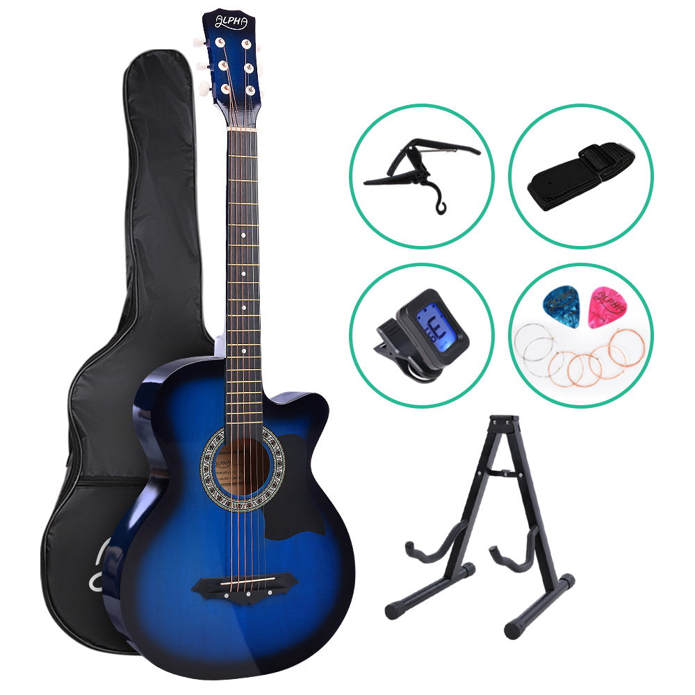 ALPHA 38 Inch Wooden Acoustic Guitar in blue with accessories including a carry bag, tuner, capo, and guitar stand.