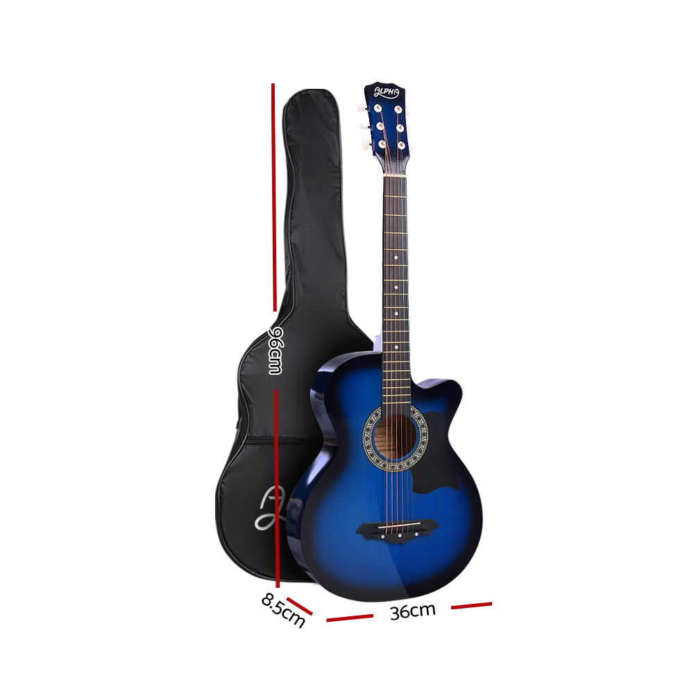 ALPHA 38 Inch Wooden Acoustic Guitar in blue with accessories including a carry bag, tuner, capo, and guitar stand.