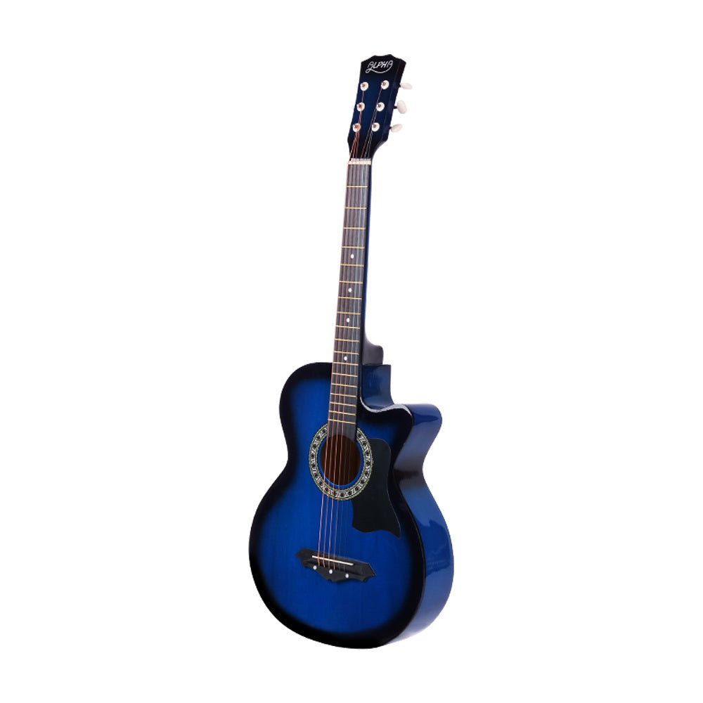 ALPHA 38 Inch Wooden Acoustic Guitar in blue with accessories including a carry bag, tuner, capo, and guitar stand.
