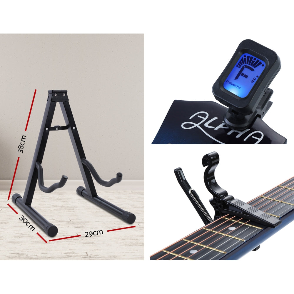 ALPHA 38 Inch Wooden Acoustic Guitar in blue with accessories including a carry bag, tuner, capo, and guitar stand.