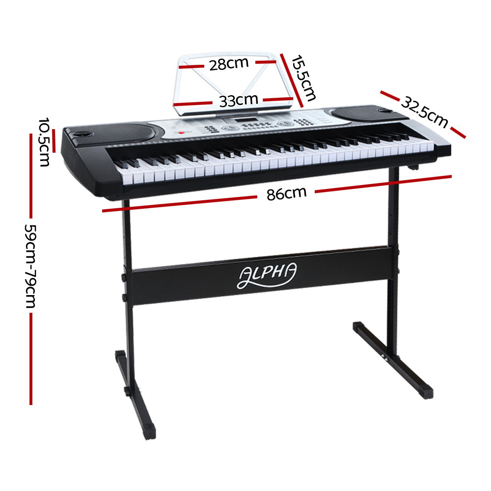 Alpha 61 Keys Electronic Piano Keyboard in silver with LED display, showcasing its features and design.