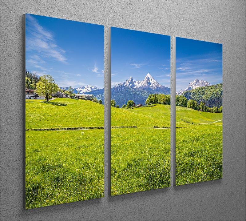 A beautiful 3-panel canvas print depicting the Alps with a fresh green meadow, showcasing vibrant colors and stunning natural scenery.