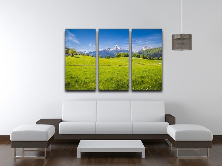 A beautiful 3-panel canvas print depicting the Alps with a fresh green meadow, showcasing vibrant colors and stunning natural scenery.