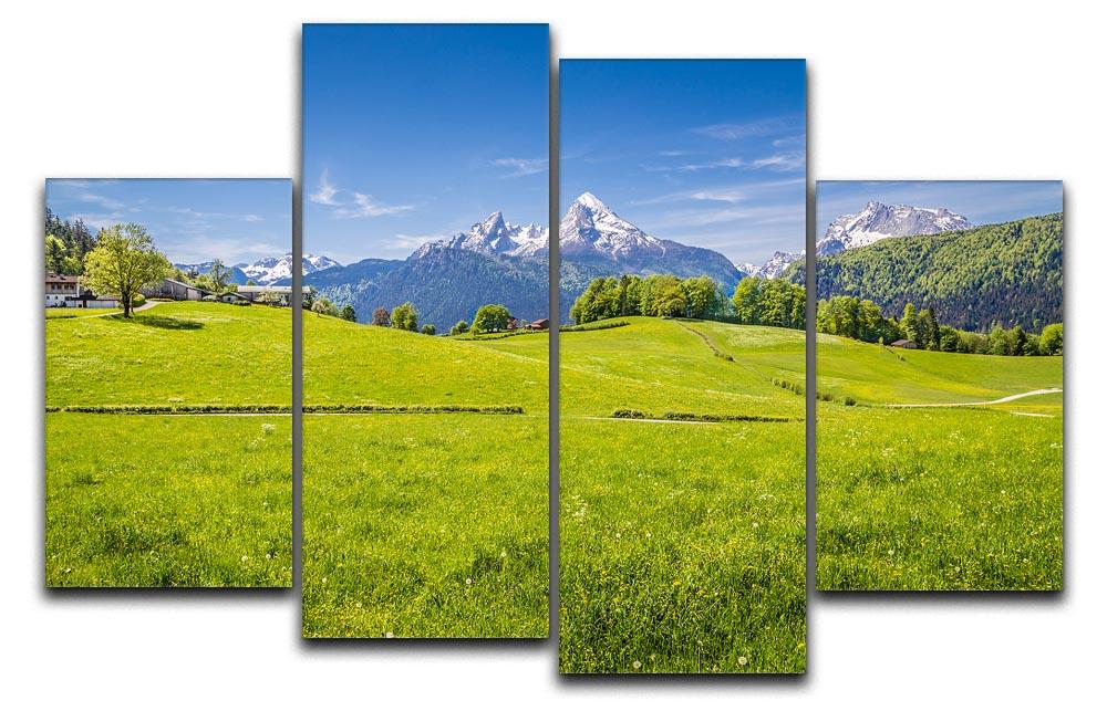 A beautiful 4-panel canvas artwork depicting the Alps with a fresh green meadow, showcasing vibrant colors and a serene landscape.