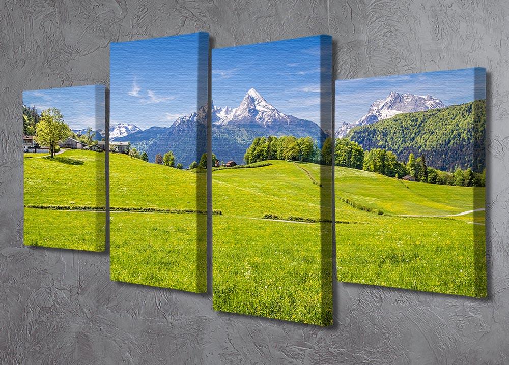 A beautiful 4-panel canvas artwork depicting the Alps with a fresh green meadow, showcasing vibrant colors and a serene landscape.