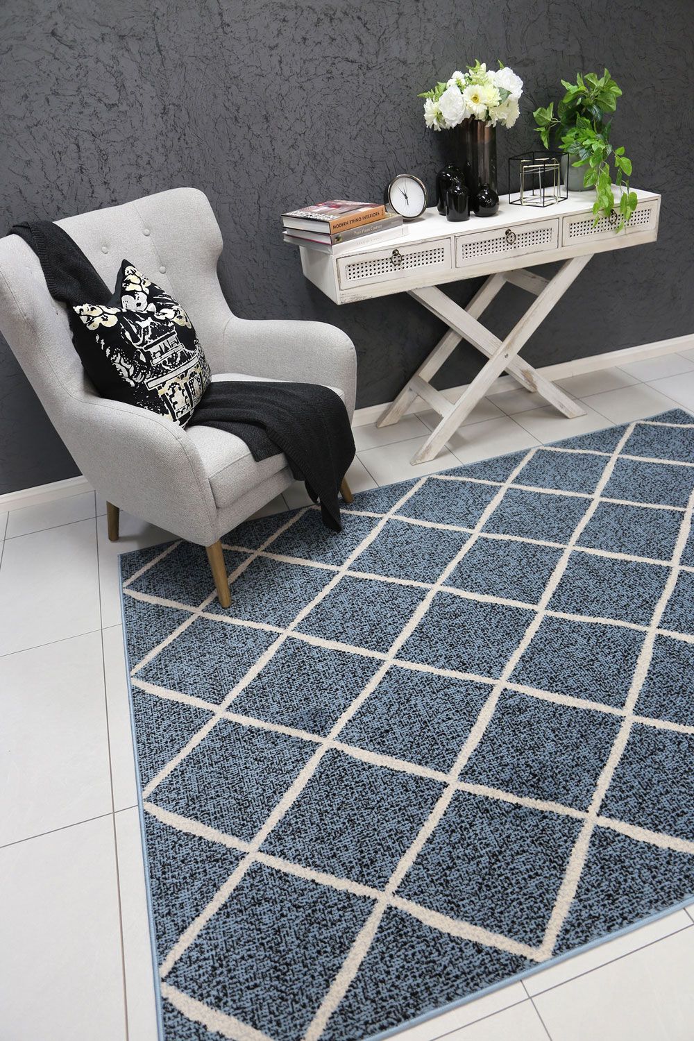 Allure Cross Diamond Blue Cream Rug, 240x330 cm, featuring a stylish diamond pattern in blue and cream colors, perfect for indoor decor.