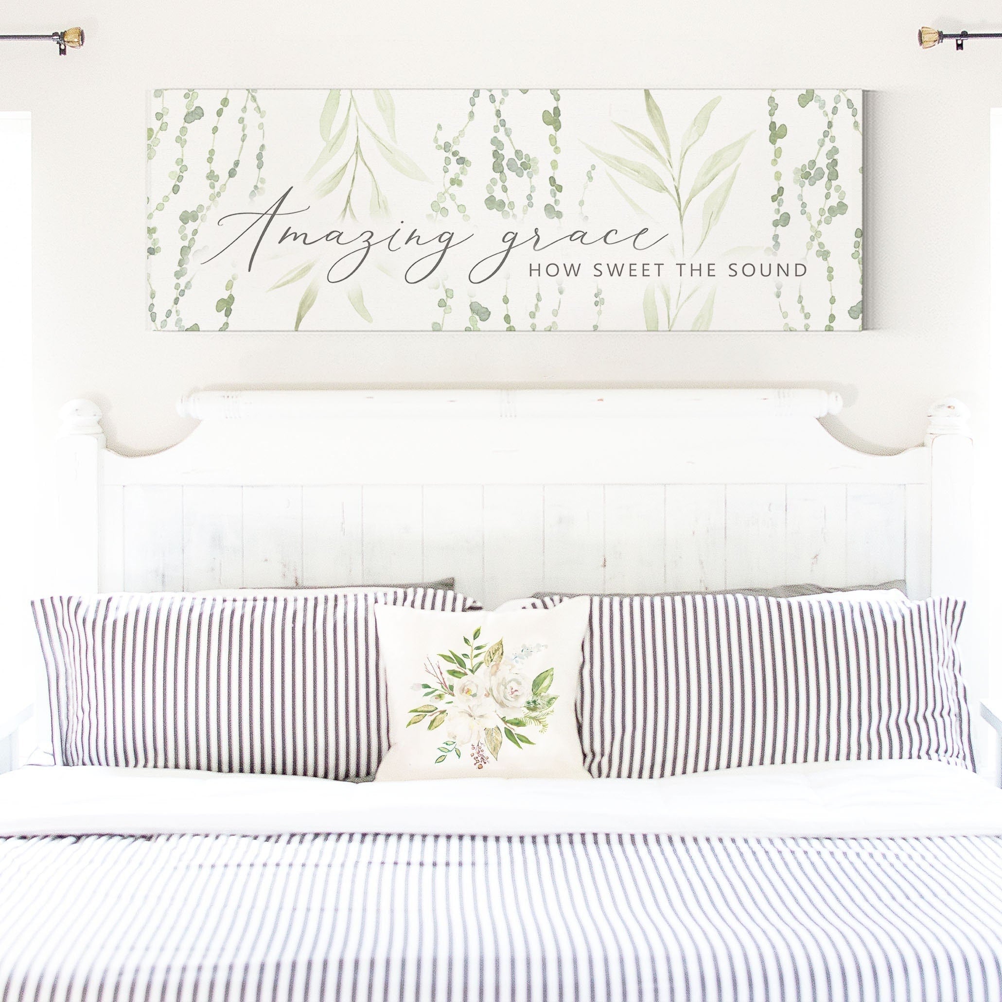 Amazing Grace Floral Botanical wall art printed on museum-grade canvas, featuring vibrant flowers and the text of the hymn.