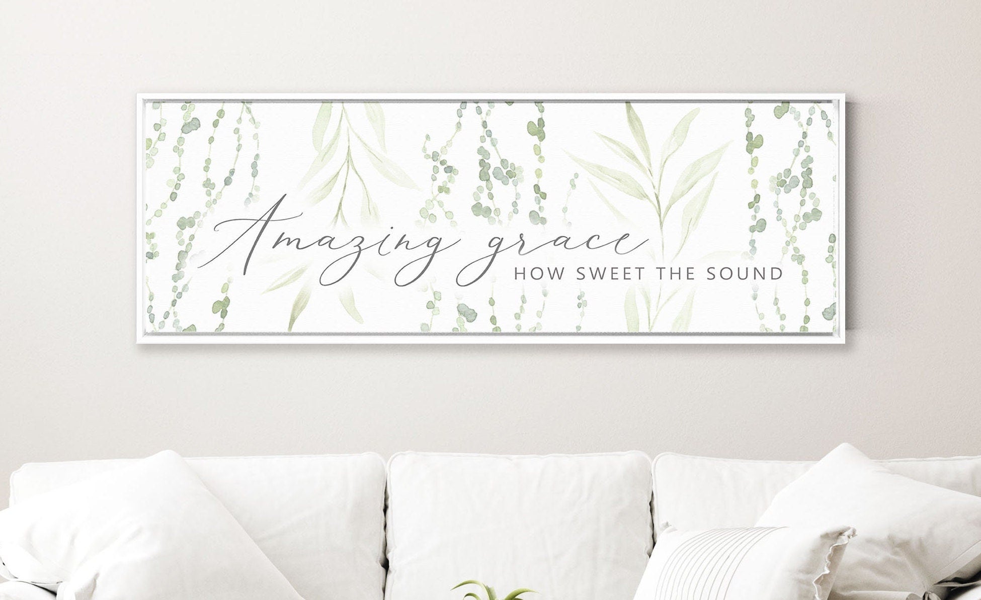 Amazing Grace Floral Botanical wall art printed on museum-grade canvas, featuring vibrant flowers and the text of the hymn.