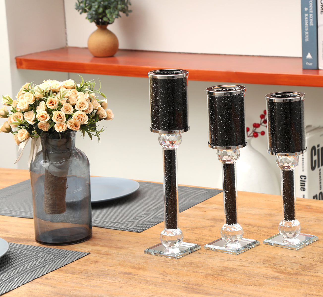 Ambrose 3 Candles Holder Set featuring black crushed diamonds glass, showcasing three elegant candlestick holders in varying heights.