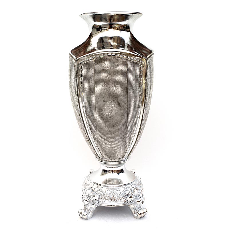 Ambrose Chrome Plated Ceramic Vase with Crystal Embellishments, showcasing its elegant design and shiny finish.
