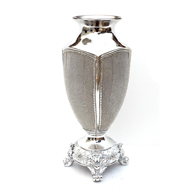 Ambrose Chrome Plated Ceramic Vase with Crystal Embellishments, showcasing its elegant design and shiny finish.