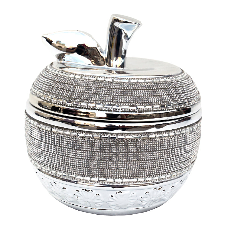 Ambrose Chrome Plated Crystal Embellished Lidded Ceramic Apple Bowl with a shiny chrome finish and sparkling crystal details, elegantly displayed.