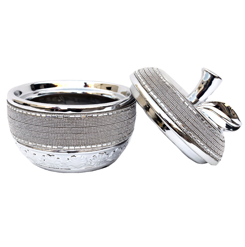 Ambrose Chrome Plated Crystal Embellished Lidded Ceramic Apple Bowl with a shiny chrome finish and sparkling crystal details, elegantly displayed.