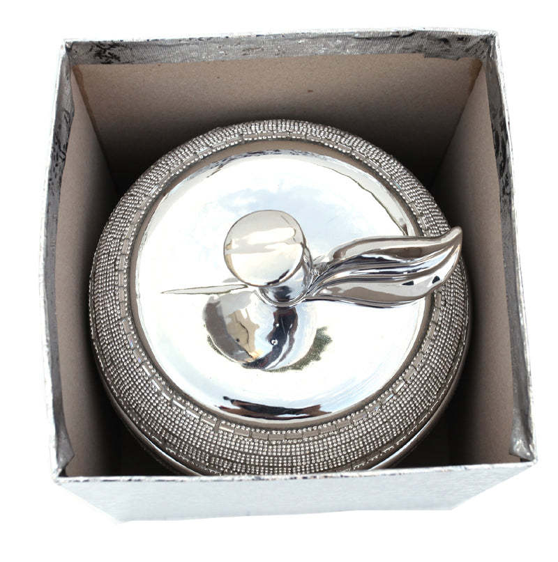 Ambrose Chrome Plated Crystal Embellished Lidded Ceramic Apple Bowl with a shiny chrome finish and sparkling crystal details, elegantly displayed.