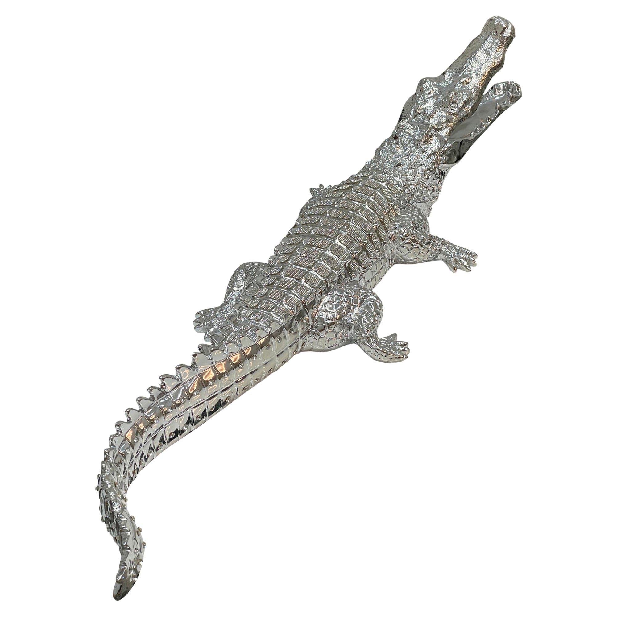 Ambrose Diamond Encrusted Chrome Plated Crocodile figurine with crystal embellishments, showcasing its elegant design and shiny chrome finish.