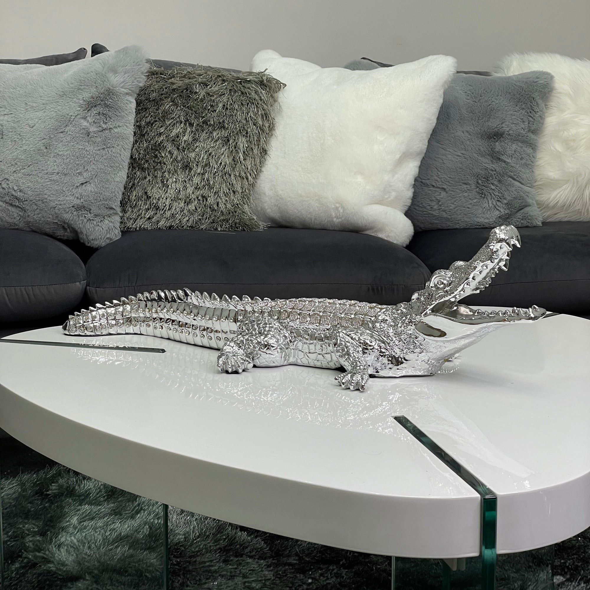 Ambrose Diamond Encrusted Chrome Plated Crocodile figurine with crystal embellishments, showcasing its elegant design and shiny chrome finish.