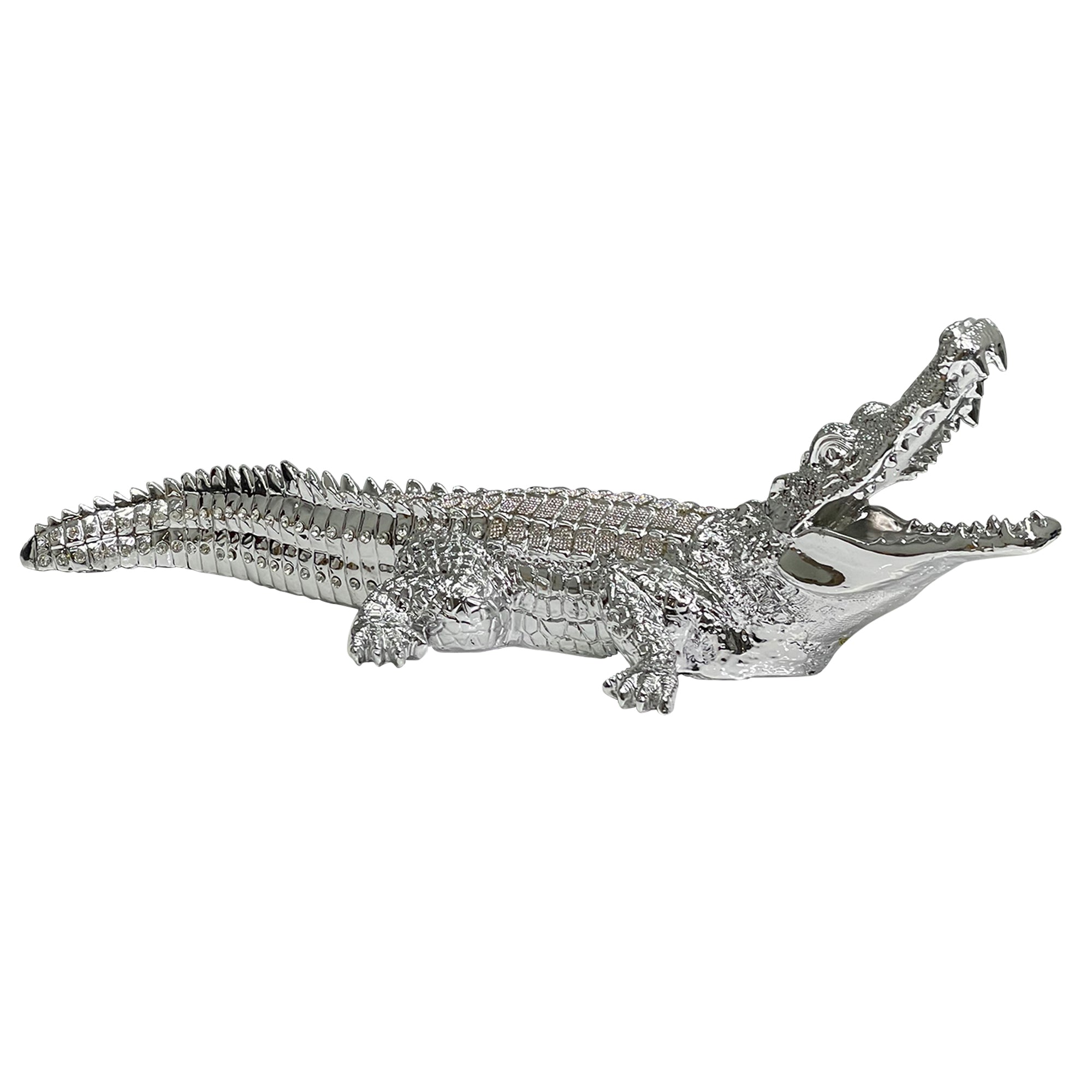 Ambrose Diamond Encrusted Chrome Plated Crocodile figurine with crystal embellishments, showcasing its elegant design and shiny chrome finish.