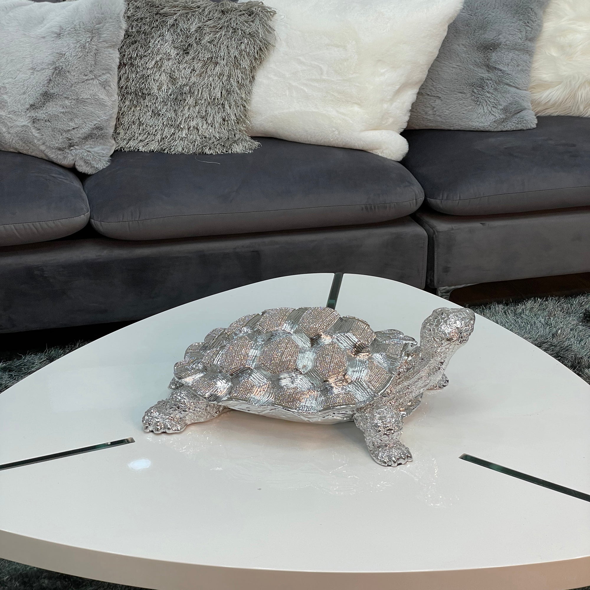 Ambrose Diamond Encrusted Chrome Plated Turtle figurine with crystal embellishments, elegantly designed for home or office decor.