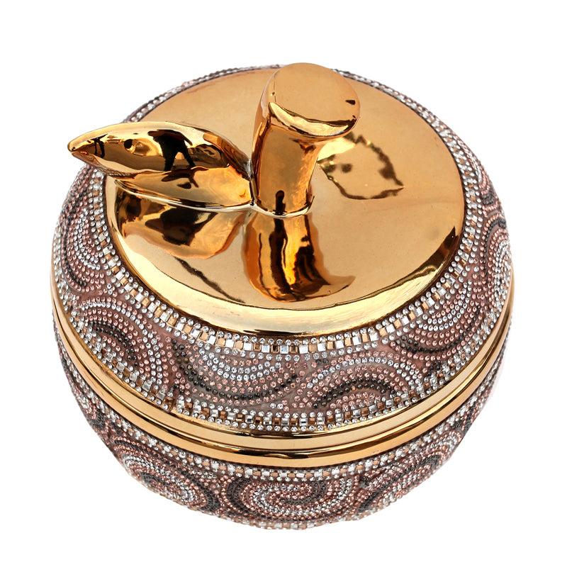 Ambrose Gold Plated Crystal Embellished Lidded Ceramic Apple Bowl, showcasing its elegant design and crystal details.