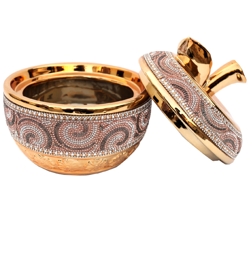 Ambrose Gold Plated Crystal Embellished Lidded Ceramic Apple Bowl, showcasing its elegant design and crystal details.
