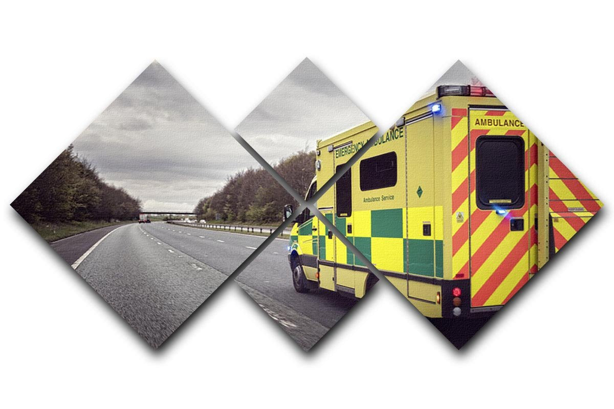 A vibrant 4-panel canvas artwork depicting an ambulance responding to an emergency, showcasing dynamic colors and details.