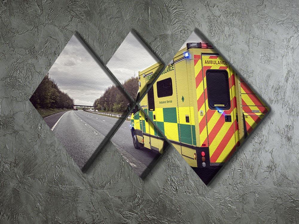 A vibrant 4-panel canvas artwork depicting an ambulance responding to an emergency, showcasing dynamic colors and details.
