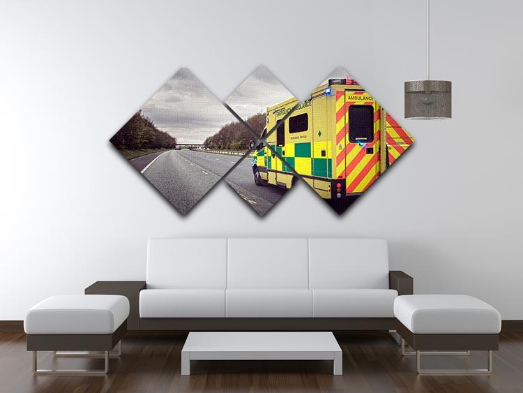 A vibrant 4-panel canvas artwork depicting an ambulance responding to an emergency, showcasing dynamic colors and details.