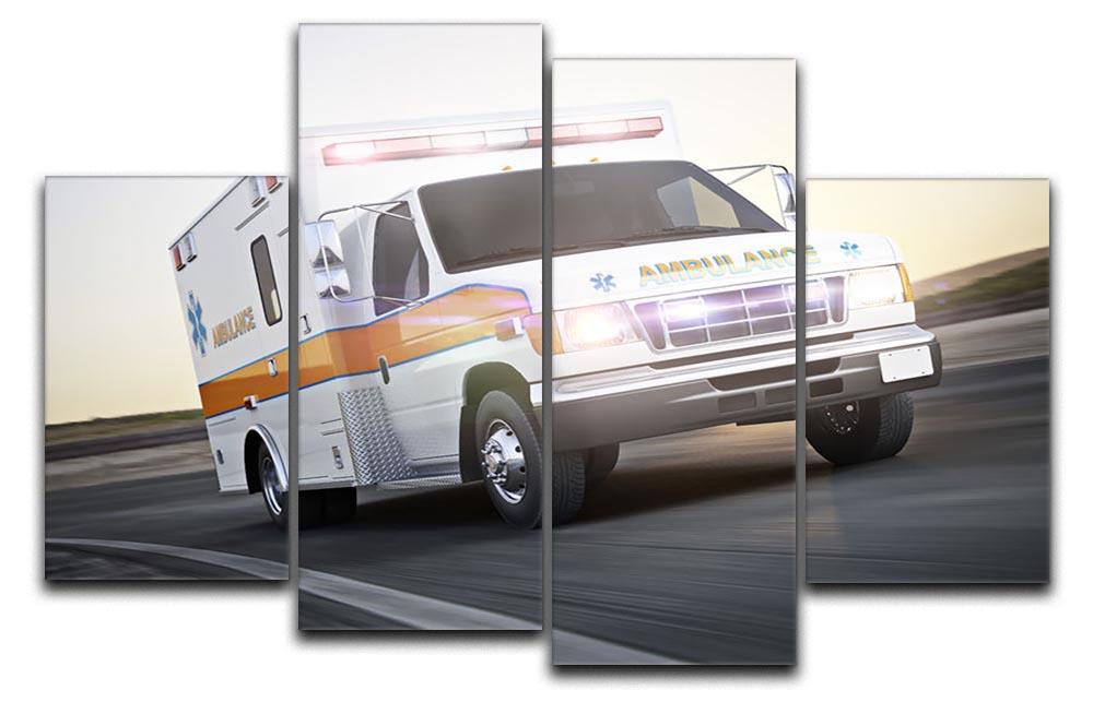 A vibrant 4-split canvas artwork depicting an ambulance with lights and sirens, showcasing dynamic emergency response imagery.