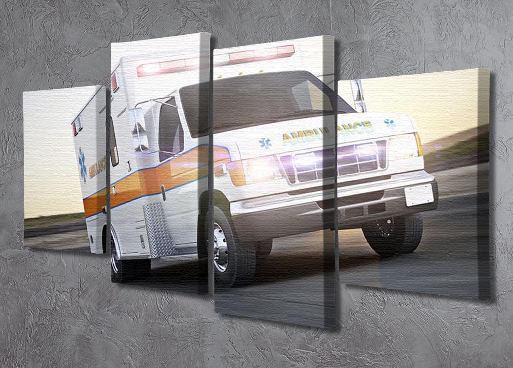 A vibrant 4-split canvas artwork depicting an ambulance with lights and sirens, showcasing dynamic emergency response imagery.