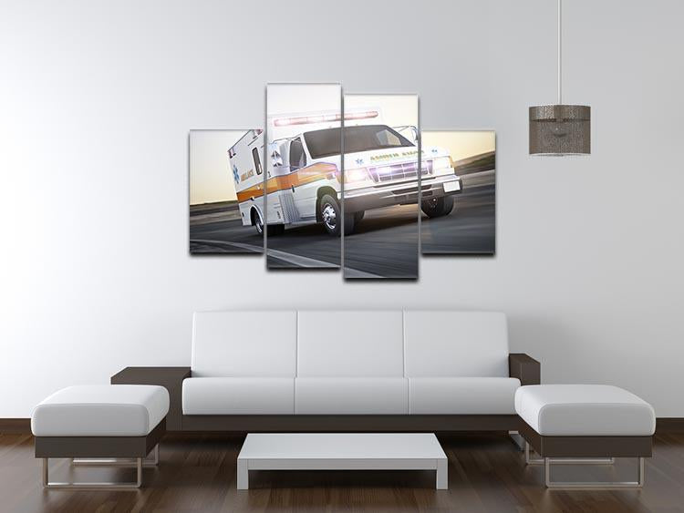 A vibrant 4-split canvas artwork depicting an ambulance with lights and sirens, showcasing dynamic emergency response imagery.