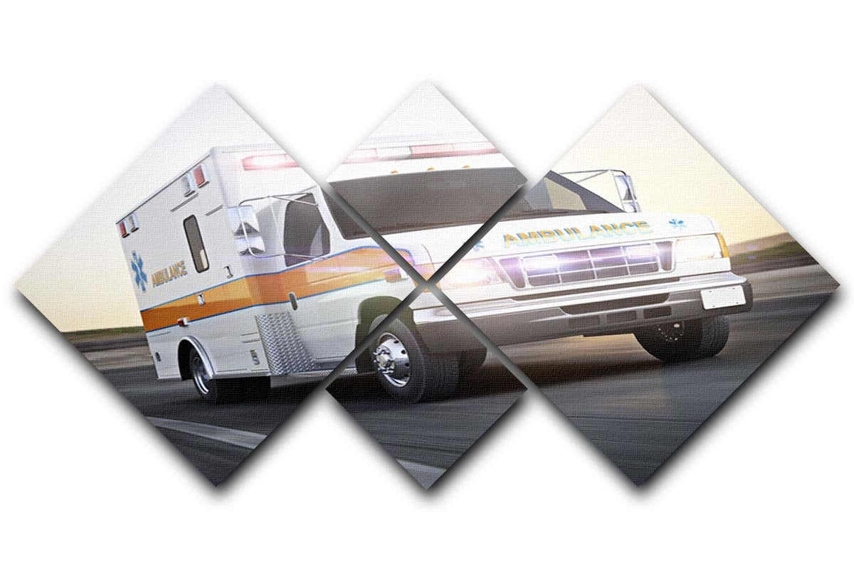 Four-panel canvas artwork depicting an ambulance with lights and sirens, showcasing vibrant colors and dynamic action.
