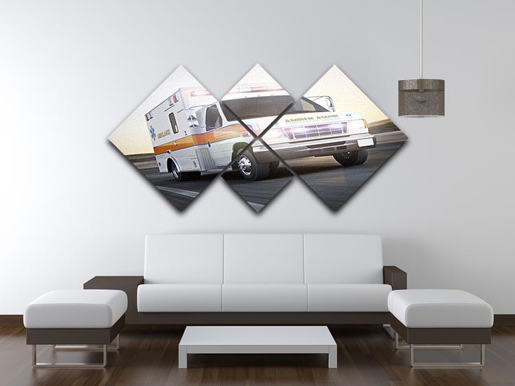 Four-panel canvas artwork depicting an ambulance with lights and sirens, showcasing vibrant colors and dynamic action.