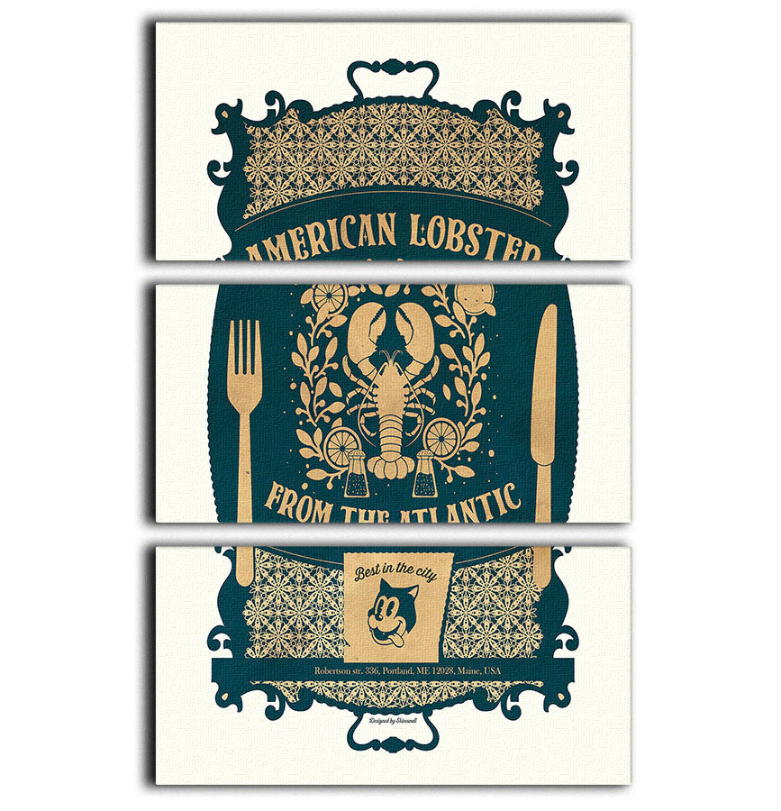 A beautiful 3-panel canvas print featuring an American lobster, showcasing vibrant colors and intricate details, perfect for home decor.