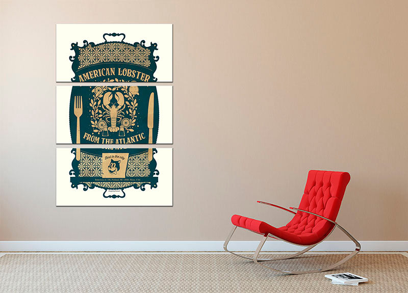 A beautiful 3-panel canvas print featuring an American lobster, showcasing vibrant colors and intricate details, perfect for home decor.