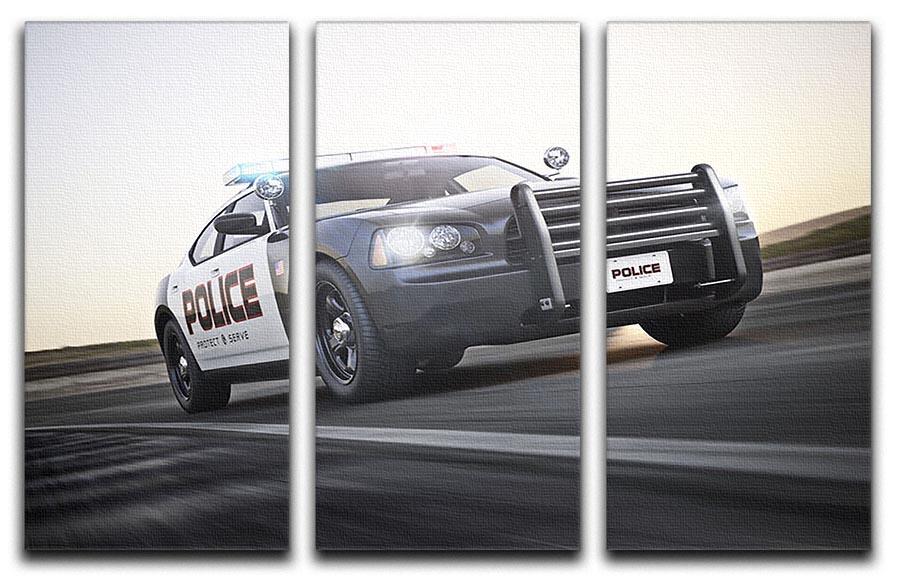 A striking 3-panel canvas print featuring an American police car, showcasing vibrant colors and detailed artwork.