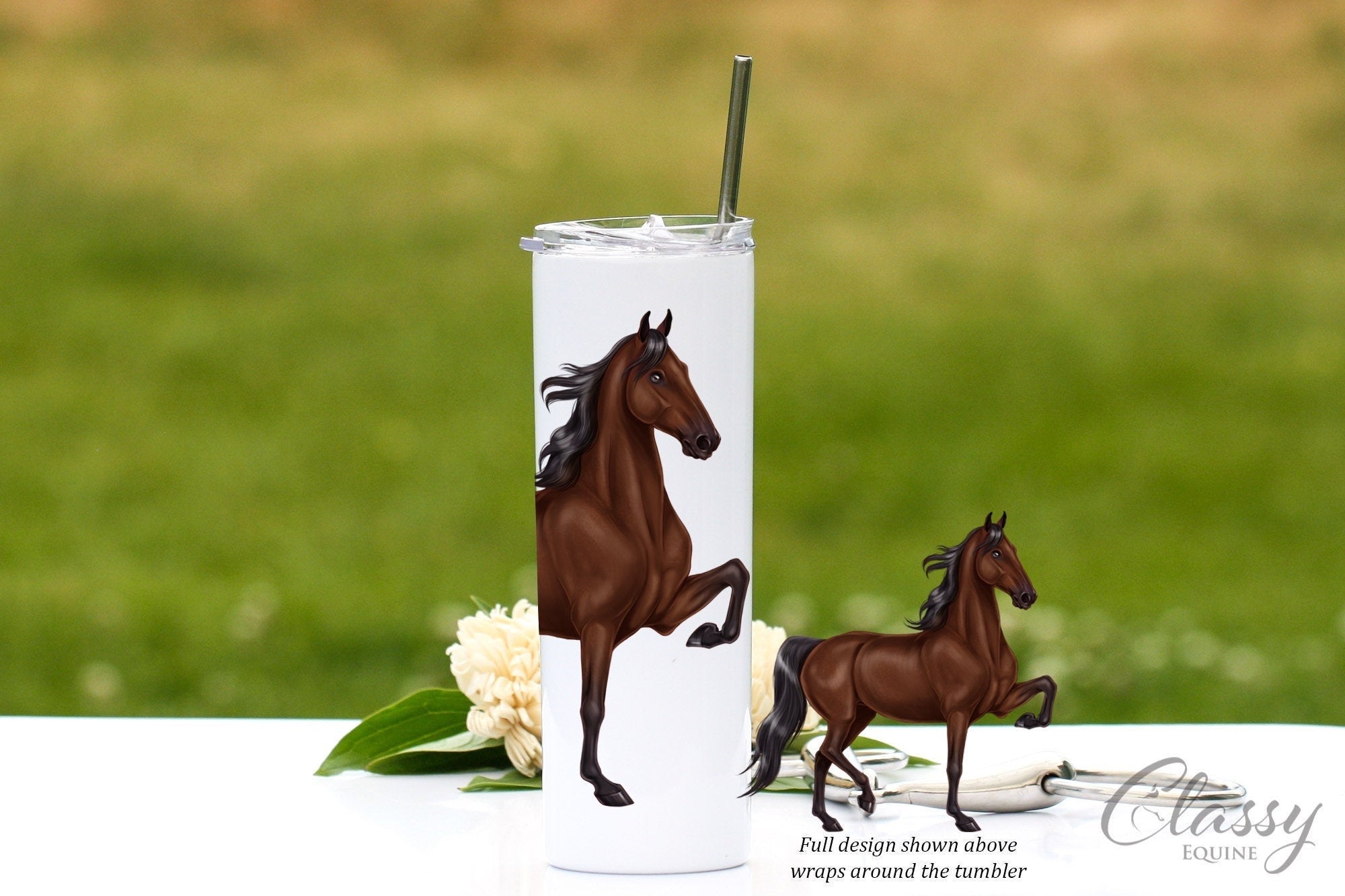 A stylish 20 oz skinny tumbler featuring a beautiful bay Saddlebred horse design, perfect for hot or cold beverages.