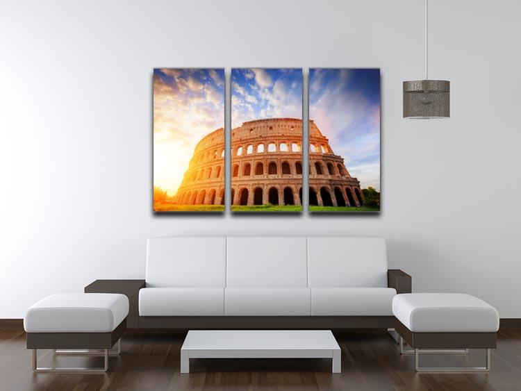A beautiful 3-panel canvas print depicting an amphitheatre illuminated by sunrise light, showcasing vibrant colors and intricate details.