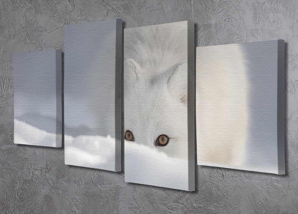A stunning 4-panel canvas artwork featuring an Arctic Fox peering over a snow drift, showcasing the beauty of wildlife in a snowy landscape.