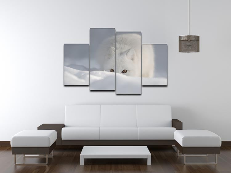 A stunning 4-panel canvas artwork featuring an Arctic Fox peering over a snow drift, showcasing the beauty of wildlife in a snowy landscape.