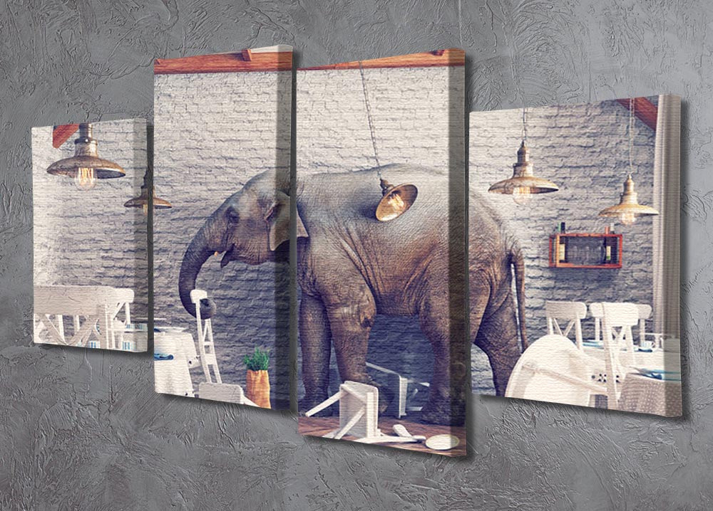 A serene elephant depicted in a restaurant interior, divided into four equal canvas panels, creating a dynamic and cohesive artwork.