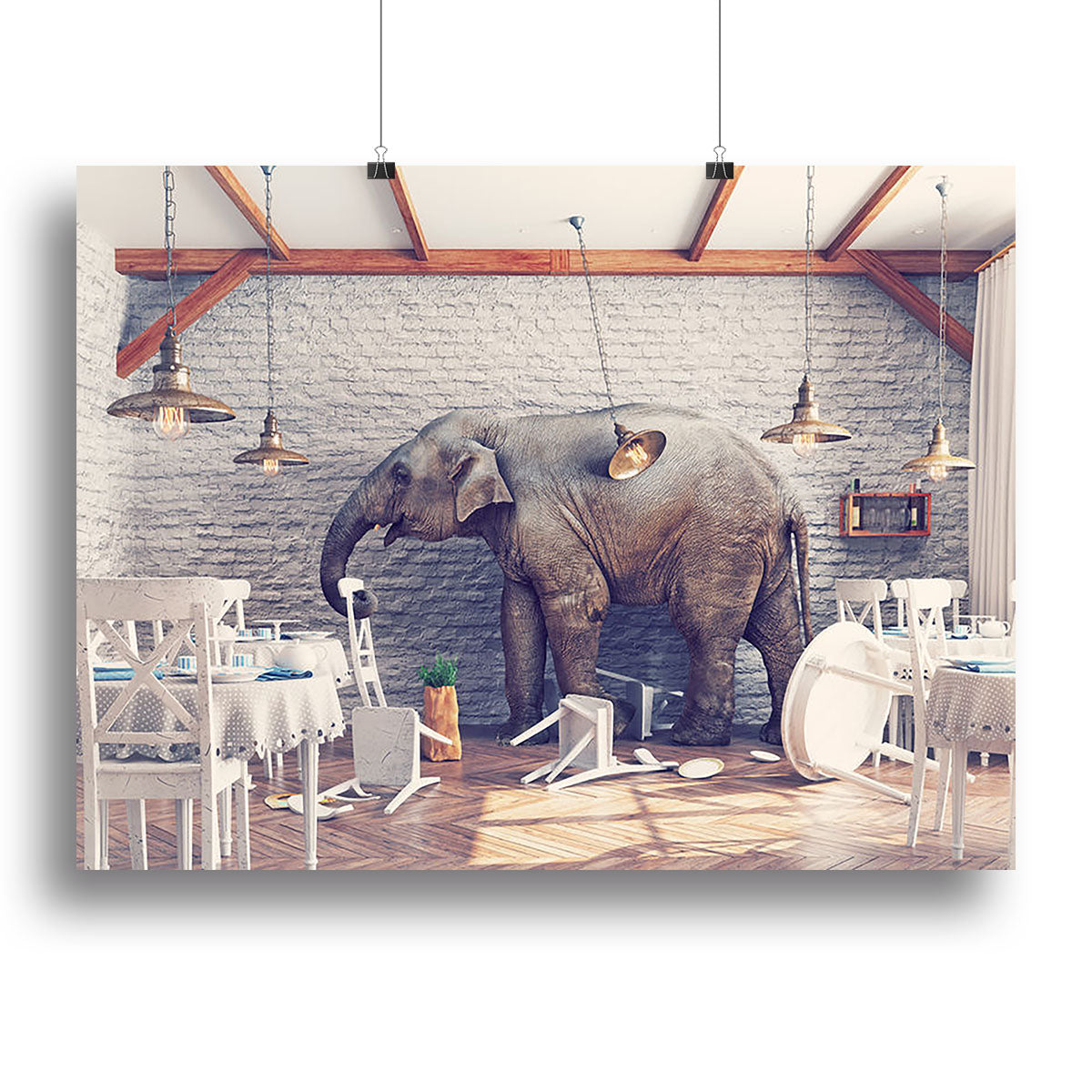 A serene canvas print featuring an elephant in a calm restaurant interior, showcasing modern art aesthetics.