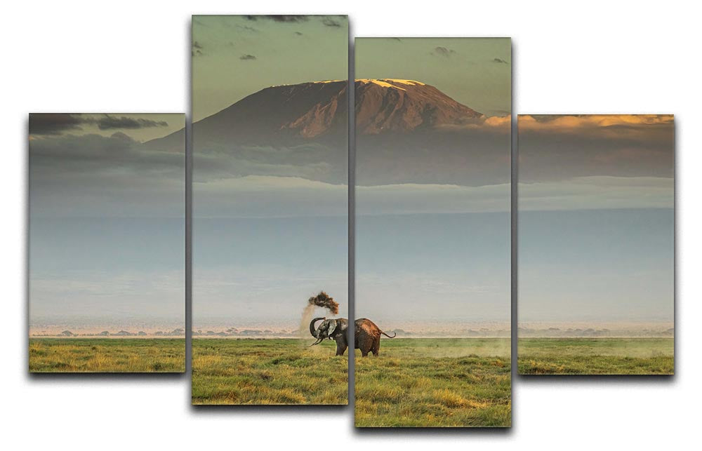 A vibrant 4-panel canvas artwork depicting an elephant joyfully playing in the dirt, showcasing dynamic colors and details.