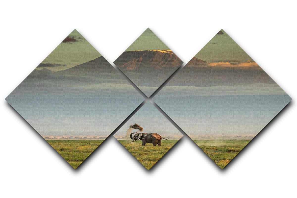 A vibrant multi-panel canvas artwork featuring an elephant playing in the dirt, divided into four equal sections.