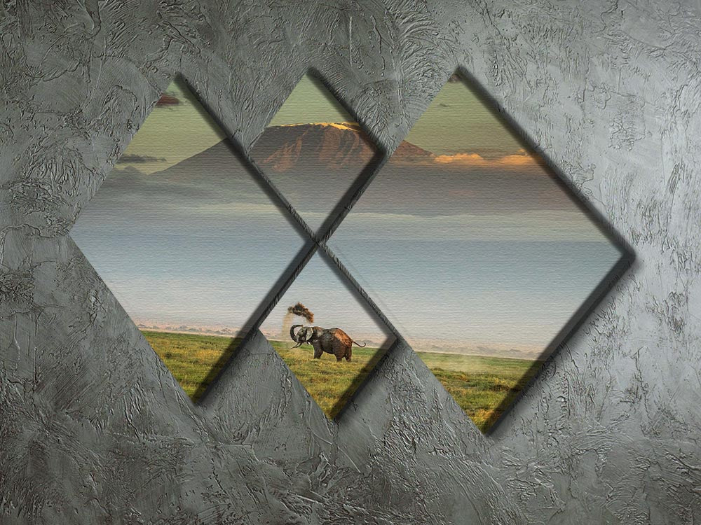 A vibrant multi-panel canvas artwork featuring an elephant playing in the dirt, divided into four equal sections.