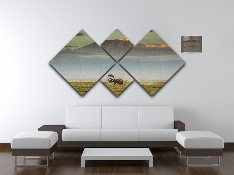 A vibrant multi-panel canvas artwork featuring an elephant playing in the dirt, divided into four equal sections.
