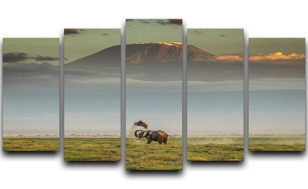 A vibrant 5-panel canvas artwork depicting an elephant joyfully playing in the dirt, showcasing dynamic colors and engaging design.
