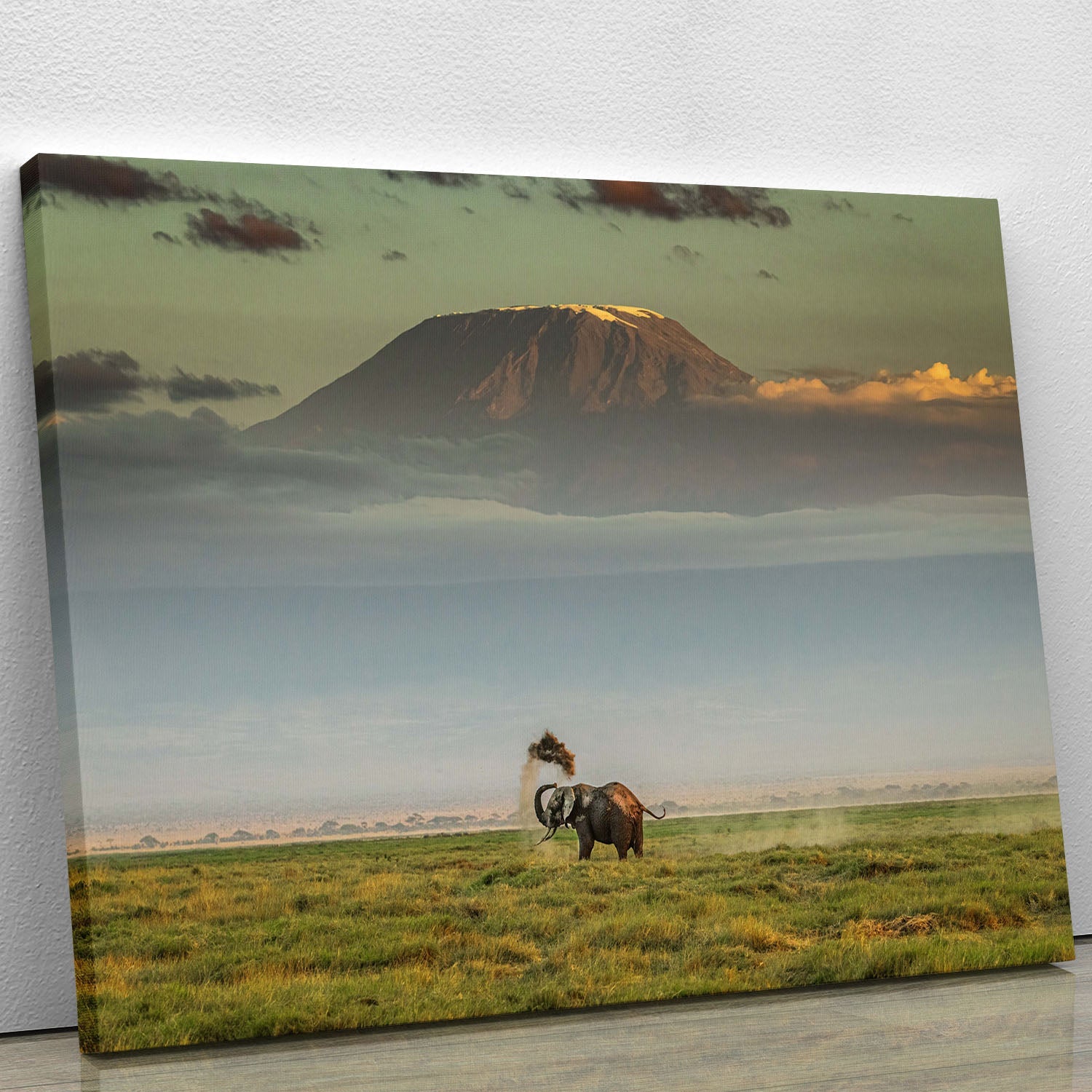 A vibrant canvas print featuring an elephant playfully rolling in dirt, showcasing its joyful spirit.