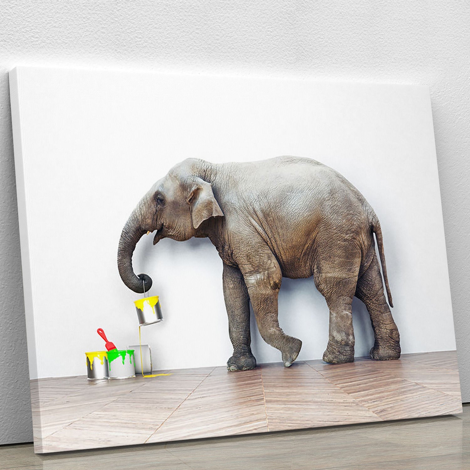 A vibrant canvas print featuring an elephant surrounded by colorful paint cans, showcasing creativity and artistic flair.