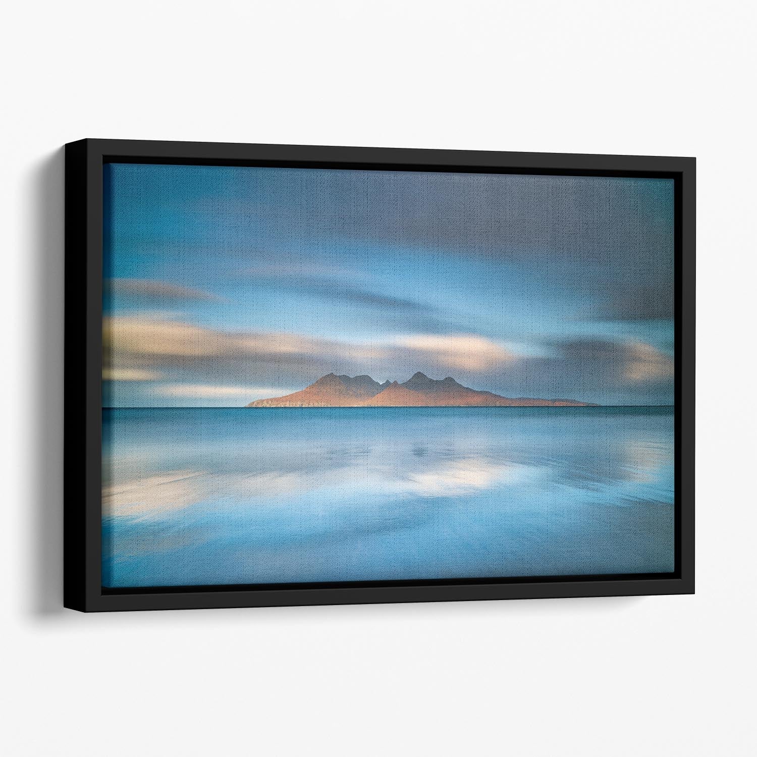 An Epic Sunrise In Eigg Floating Framed Canvas showcasing vibrant colors and abstract design in a handcrafted wooden frame.